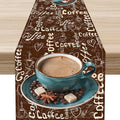 Coffee Theme Table Runner, Farmhouse Retro Brown Coffee Cup Tea Party Rustic Cafe Table Center Decor for Home Kitchen Dining Patio Holiday Party Indoor Outdoor Table Decorations,13"x108" Inch