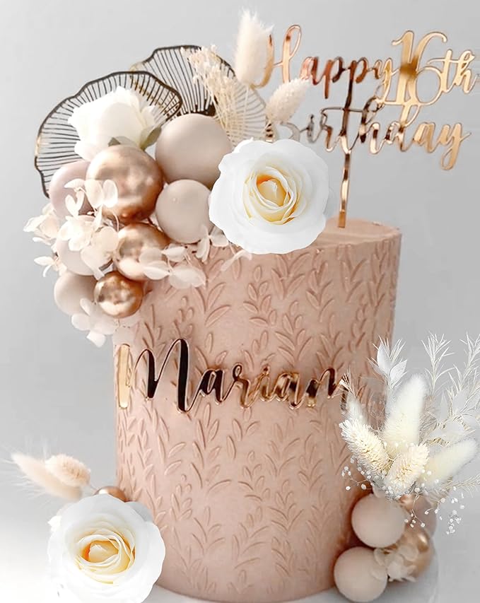 JeVenis Boho Champagne Cake Decoration Gold Balls Cake Decoration Palm Leaves Cake Topper Bohemian White Gold Ball for Wedding Birthday Birthday Anniversary