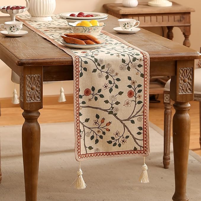ISAENNE Designer Elegant Linen Floral Extra Long Table Runner 118 Inches,Farmhouse Light Beige Durable Decor Table Runners for Dining Tables,Thanksgiving,Kitchen Tables,Christmas,12"*118"-Flora A
