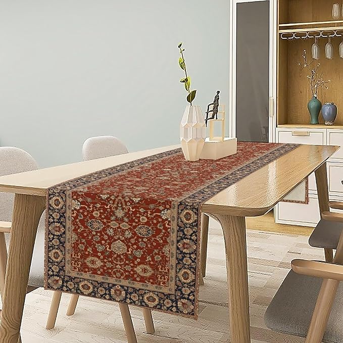 Boho Floral Vintage Red Blue Table Runner, Retro Flower Rustic Country Farmhouse Abstract Pattern for Home Kitchen Table Decor Dining Coffee Room Party Decor 13x120in