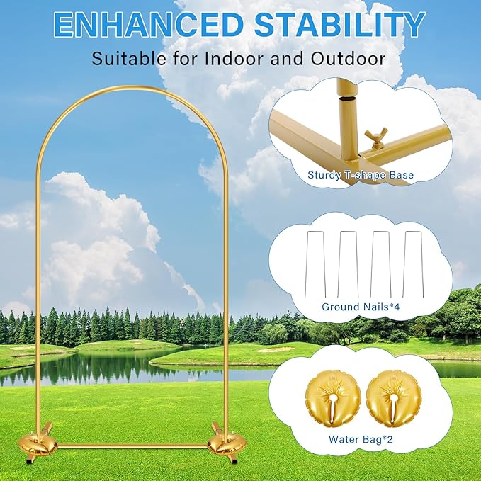 Heavy Duty Metal Arch Backdrop Stand, 6FT Stable Gold Arch Stand with Ground Stakes and Water Bags, Balloon Arch Stand for Wedding Party Baby Shower Photo Flower Arch Decration (6FT)
