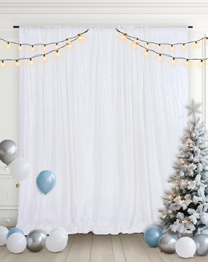 Eternal Beauty White Sequin Backdrop, 6x8 Ft Glitter Background Curtains for Christmas Shimmer Photography Party Wedding Birthday Back Drop Decor