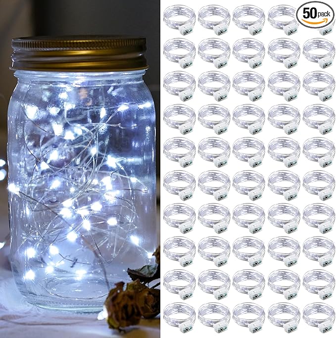 50 Pack White Fairy Lights 7Ft 20 LED Twinkle String Lights 3 Modes Battery Operated Waterproof Firefly Starry for Mason Jar Party Wedding Christmas Valentines Day Table Centerpieces,Cold White