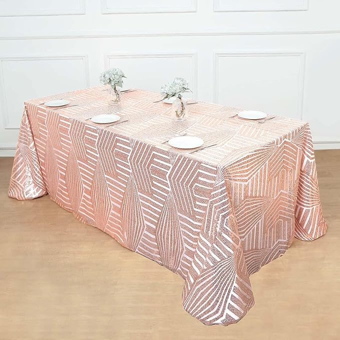 Efavormart 90"X132" Blush Rose Gold Sparkly Sequin Geometric Tulle Rectangular Tablecloth