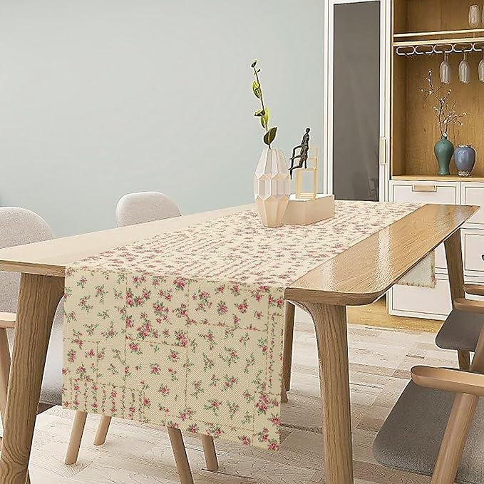 Floral Table Runner, Watercolor Rose Flower Kitchen Table Decoration Vintage Spring Home Tablecloth for Birthday Party Picnic Decoration 13x90 Inch 1PCS