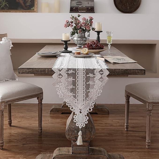 patdrea Designer Vintage White Lace Table Runner,Crochet Decorative Table Covers,Chiffon Embroidered Tasseled Table Runners, Cutwork Dresser Runners,Christmas Wedding Party Bridal 16x63 Inches Long