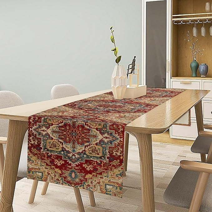 Boho Bohemia Style Table Runner, Vintage Red Brown Retro Flower Rustic Country Style Floral Print Pattern for Home Kitchen Table Decor Dining Coffee Room Garden Party Decor 13x72in