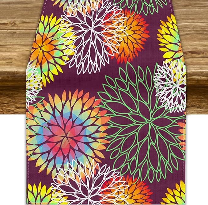 Brown Dahlia Flower Table Runner, Linen Geometric Pattern Floral Table Decor Spring Farmhouse Decorations for Kitchen Dining Holiday Party Decor, 13x70 Inch