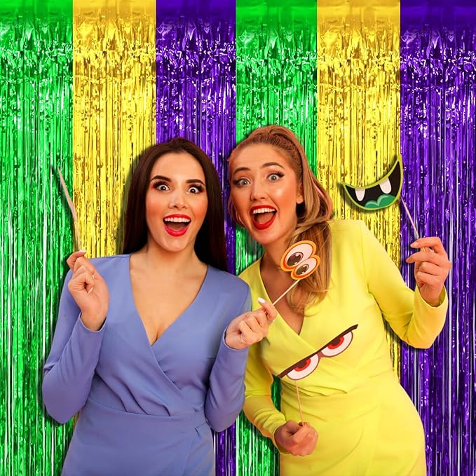 4 Pack Mardi Gras Foil Fringe Curtain Backdrop, 3.28Ft x 8.2Ft Gold Green Purple Metallic Tinsel Foil Fringe Streamers Curtains for Photo Booth, Wedding, Birthday, Carnival Party Decoration
