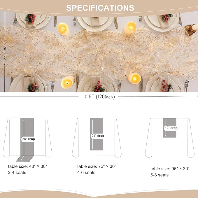 Snowkingdom 3Pcs 10 Ft Gold Table Runners, Sheer Chiffon Tulle Cheesecloth Wedding Runner, Golden Sequin Glitter Metallic Foil Party Table Decorations Centerpieces for Wedding Birthday Christmas