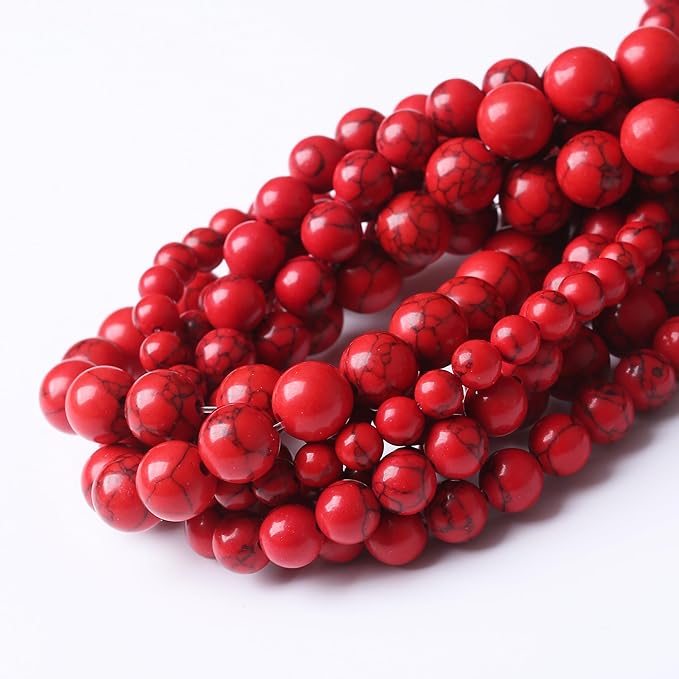 Natural Red Turquoise Stone Beads Gemstone Round Crystal Energy Jade Beads Stone Beads for Jewelry Making DIY Bracelet Necklace Jewelry Making 1 Strand 15.5inch 60PCS 6MM