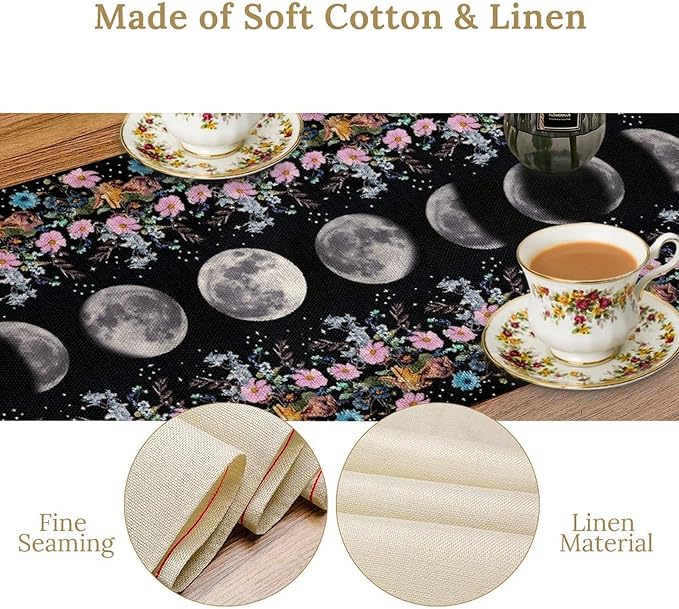 Boho Floral Moon Table Runner, Spring Flower Leaves Mystical Gothic Sun Moon Table Runner for Kitchen Dining Table Home Party,13x60 Inch Purple