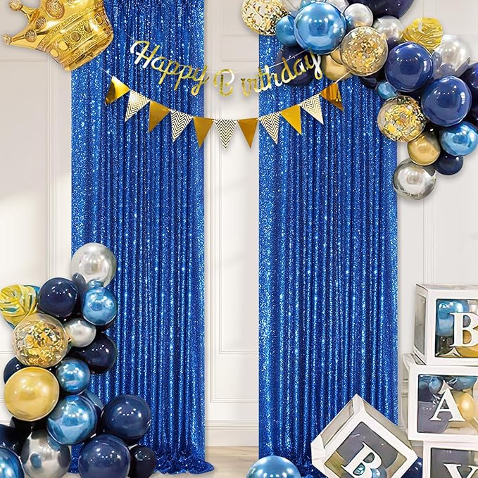 Glitter Backdrop Curtains Royal Blue Sequin Background 3 Packs 2FT x 8FT Sequin Fabric Baby Shower Birthday Party Decorations