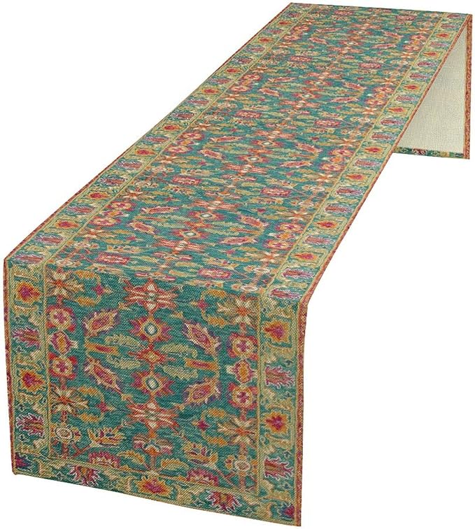 Vintage Boho Floral Table Runner, Rustic Country Farmhouse Teal Red Purple Flower Pattern for Home Kitchen Table Decor Dining Coffee Room Party Decor 13x60in