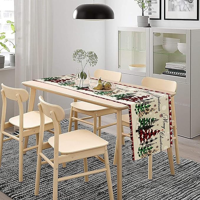 Christmas Tree Table Runner,Farmhouse Xmas Trees Buffalo Plaid Winter Snowflake Tablecloth Burlap for Hotel Indoors Outdoor Dining Room Kitchen Home Decor,W13X L60 in