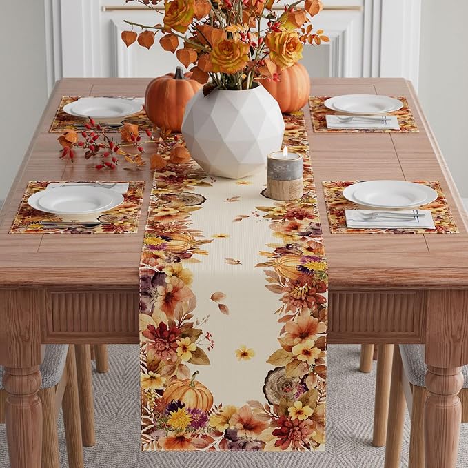 XCHI Fall Color Wild Flowers Watercolor Table Runner Table Decoration for Kitchen Dining Dinner Autumn Home Decor 13x72 Inch