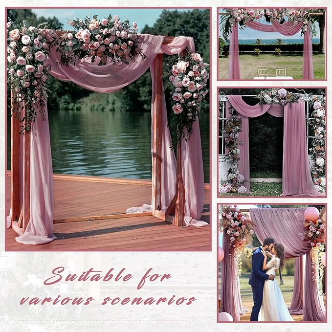 Dusty Rose Wedding Arch Draping Fabric 4 Panels 20Ft Length x 28" Width Arch Drapes Chiffon Fabric Sheer Curtains Backdrop for Party Bridal Decorations Wedding Ceremony Ceiling Stage Reception Decor