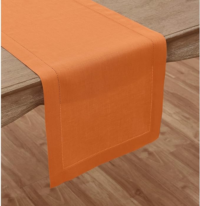 Solino Home Linen Pumpkin Hemstitch Table Runner 36 Inches - 100% Pure Linen Small Table Runner 14 x 36 Inch Ideal for Dresser and Coffee Tables - Classic Hemstitch - Fall, Halloween, Thanksgiving