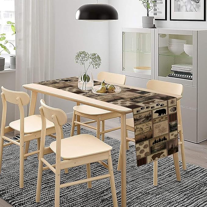 Retro Rusticd Cabin Table Runner Bear Country Farmhouse Vintage Lodge Table Runner for Party Dinner Festival Bedroom Living Room Kitchen 13x108 Inch