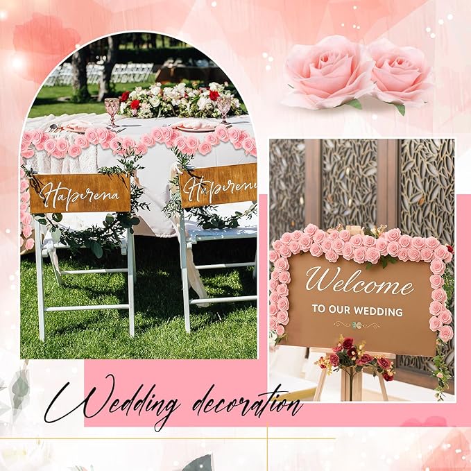 4 Pcs Pink Artificial Rose Vine Hanging Faux Flowers Garland for Wedding Anniversary Birthday Party Background Arch Garden Home Wall Room Decor