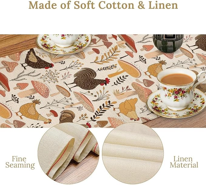 Mushroom Table Runner,Retro Natural Plant Famhouse Table Runner for Kitchen Dining Table Home Party Decoration 13x72 Inch