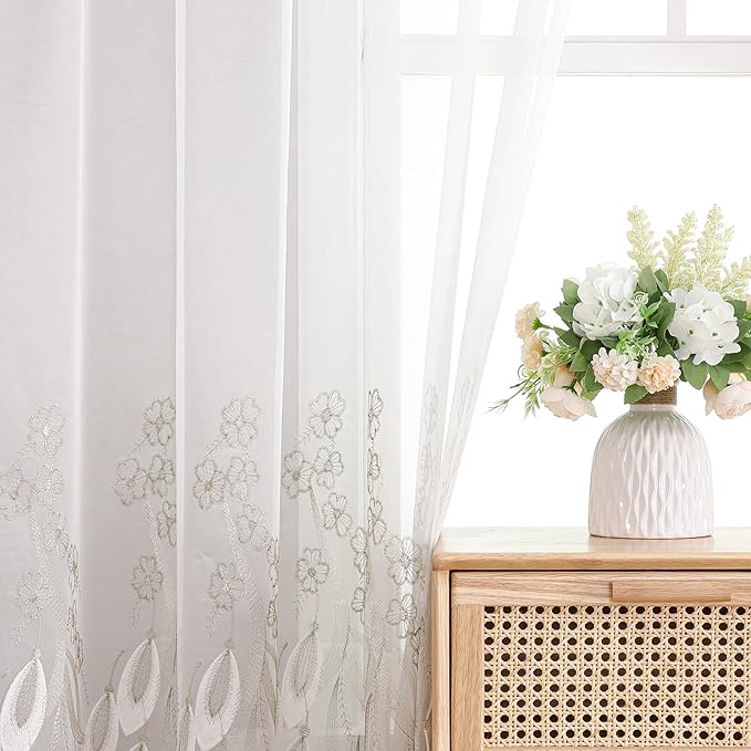 VISIONTEX White Sheer Voile Curtains, Decorative White Embossed Drip Rod Pocket Window Drapes for Home Kitchen, Living Room and Bedroom 54 x 84 Inch, Set of 2 Curtain Panels