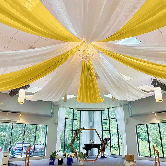 MODFUNS Ceiling Drapes for Parties Gold Ceiling Draping Fabric 5x20ft 4 Panels Sheer Wedding Arch Drapery Chiffon Stage Curtain Tent Ceiling Drape for Reception Banquet Arbor Ceiling Decoration