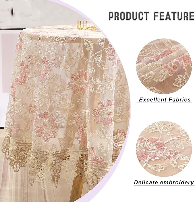 Round Embroidered Lace Tablecloth Vintage Decorative Exquisite Border Table Cover for Party Wedding Home Decorations, Round-60, Pink