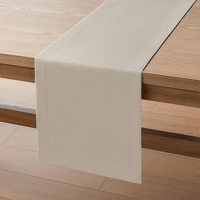 ZeeMart Linen Textured Border Table Runner, 14 x 108 Inch Natural, Farmhouse Style Neutral Table Runners 108 Inches Long, Easy Care Everyday Polyester Table Runner