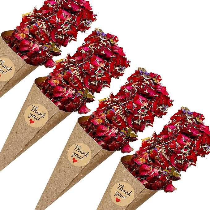 PATIKIL Dried Flower Confetti Cones, 30Pcs Paper Tapers Cone Holder with Dried Rose Petal / Sticker for Wedding Party Engagement Birthday DIY Decoration, Red/Purple