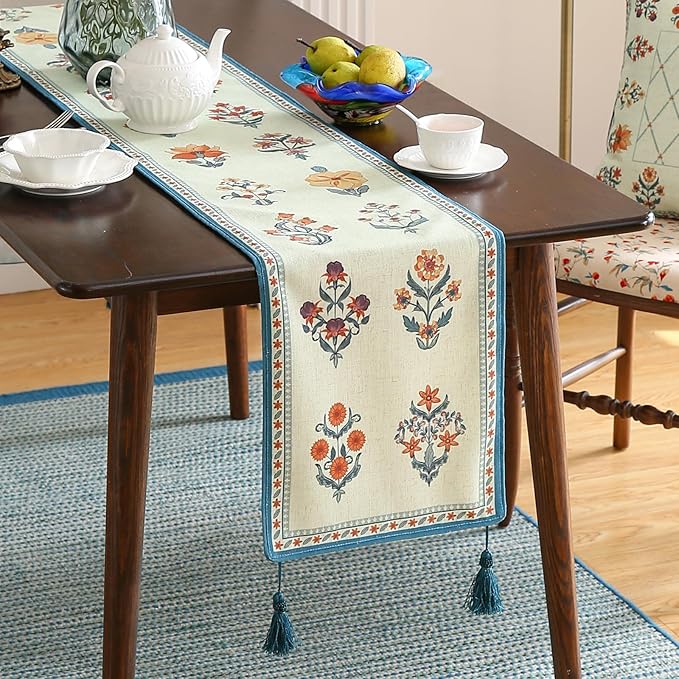 ISAENNE Designer Light Green Linen Table Runner 87 Inches Long,French Floral Patterns Elegant Table Runner for Dining Tables,Thanksgiving,Kitchen Tables,Christmas,12"*87"-Floralsea B