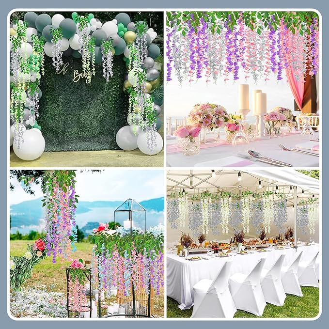 24 Pack Grey Wisteria Hanging Flowers Garland, 3.77 Feet Artificial Flower Vines, Fake Wisteria, Artificial Vines Hanging Garland for Backdrop Outdoor Yard Garden Decor