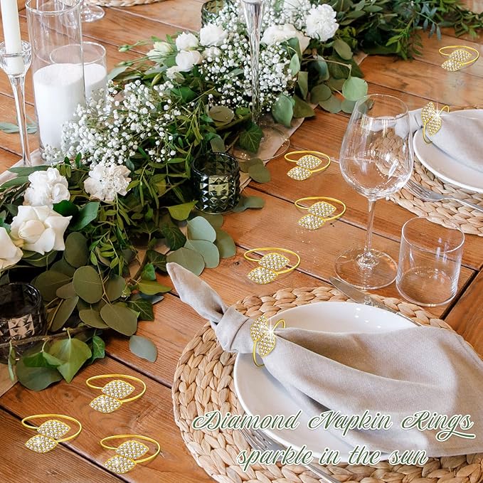 Hotop 150 Pcs Napkin Rings Gold Table Decorations, Elegant Bling Leaves Napkin Rings, Rhinestone Guest Towels Buckle for Wedding Gold Party, Thanksgiving Christmas Dinner Banquet Table Decoration