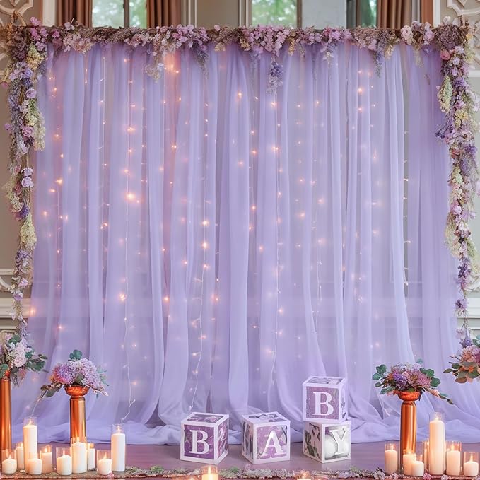 20×10ft Purple Tulle Backdrop Curtain with Lights String for Parties, Sheer Photo Backdrop Curtains for Wedding Party Photography Background