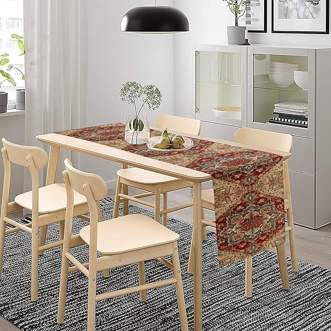Boho Bohemia Style Table Runner, Vintage Red Brown Retro Flower Rustic Country Style Floral Print Pattern for Home Kitchen Table Decor Dining Coffee Room Garden Party Decor 13x72in