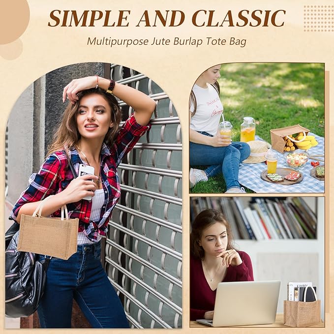 Cunno 24 Pcs Burlap Tote Bag Mini Jute Reusable Waterproof Bag with Handles Small Blank Canvas for Wedding Beach DIY Gift(Classic,9.06 x 6.3 x 5.12)