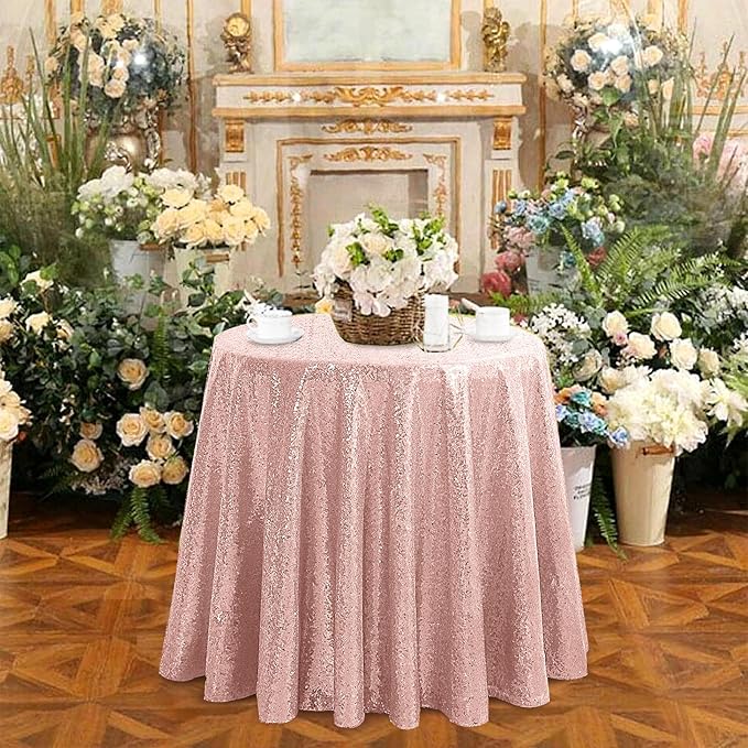 OQSQ Rose Gold Round Sequin Tablecloth, Glitter Tablecloth for Bridal Shower Decorations, Birthday, Wedding, Dessert, Banquet（50X50 inch Round,Rose Gold）