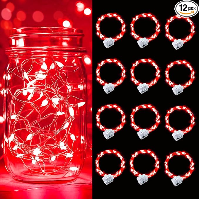 pozzolanas 12 Pack Red Battery Operated String Lights - 7ft Waterproof Fairy Lights with 20 LEDs for Home, Mason Jar, Party, Wedding, Halloween, Christmas Decorations