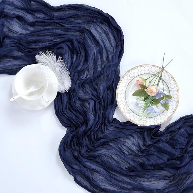 12 Pack Navy Blue Cheesecloth Table Runner 10ft Boho Gauze Fabric Cheese Cloth Table Runner 35 x 120 Inch Rustic Sheer Runner for Romantic Wedding Decor Baby Shower Party Table Centerpiece Decoration