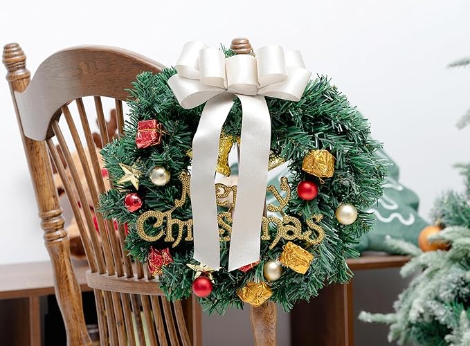 Champagne Satin Wired Ribbon 1-1/2 Inch Double-Faced Sliver Glitter Ribbons for Wreath, Christmas Tree Decoration, Gift Wrapping, Home Decor 10 Yards
