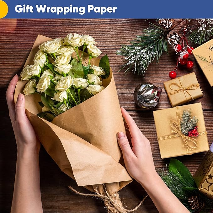 Vanhench Brown Wrapping Paper, Craft Kraft Paper 17.5"x 1200"(100') for Gift Wrapping Bulletin Board Arts & Crafts, Bouquet Flower Table Covering Poster Packing Shipping Christmas Supplies 70GSM 50LB