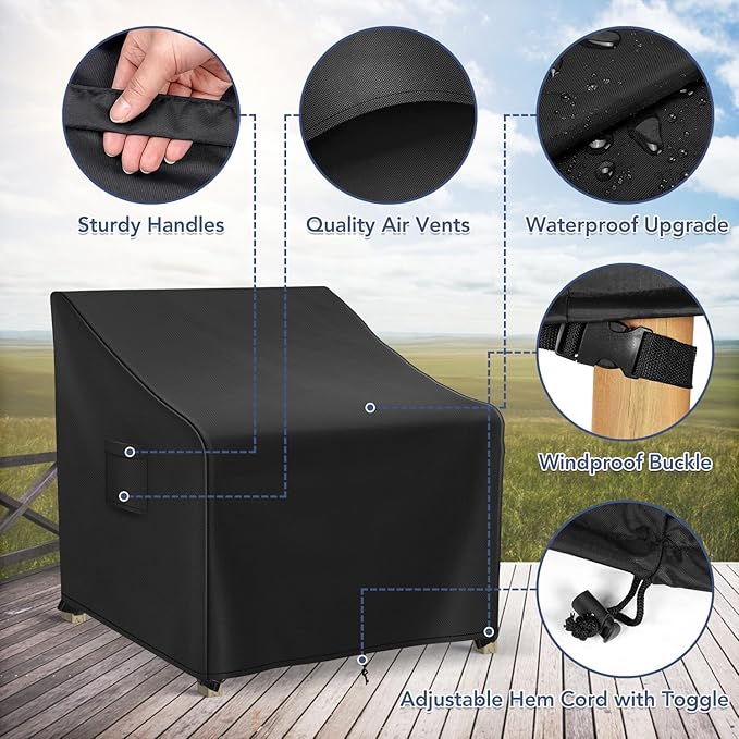 Patio Furniture Covers Waterproof for Chairs, Lawn Outdoor Chair Covers 2 Pack, Patio Chair Covers for Outdoor Furniture Fits up to 30W x 27D x 36H inches, Black