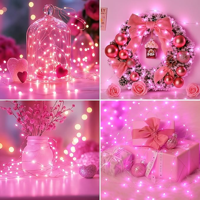 6 Pack Fairy Lights Battery Operated - 7ft 20 Led Twinkle Lights 3 Modes, Bulk Mini String Lights Waterproof for Mason Jars Vases DIY Party Wedding Decoration Christmas - Pink