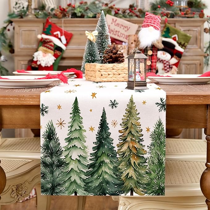 GEEORY Christmas Table Runner 13x72 Inch, Xmas Tees Snowflakes Holiday Decorative Farmhouse Table Decoration for Kitchen Dinning, Indoor Outdoor Dinner Party Decor (Light Green) GT166-72