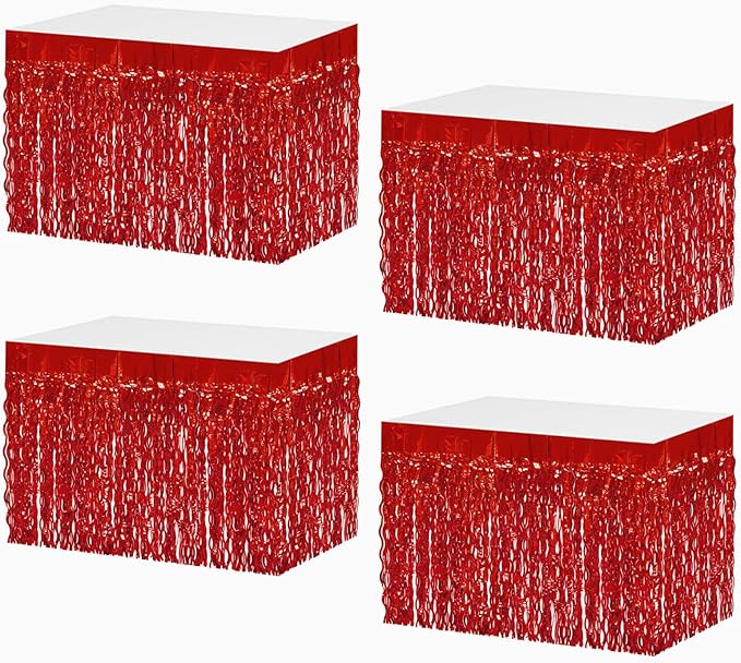 4P Wavy Metallic Tinsel Foil Fringe Table Skirts for Rectangle Tables Backdrop Garland Curtains for Parade Floats Wedding Birthday Parties Decoration Graduation 2025 Christmas (Red)
