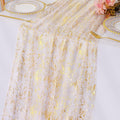 LOMOHOO 10 Ft Gold Table Runner, Golden Sheer Sequin Table Runners 120 Inches Long Glitter Metallic Foil Lace Fabric Table Decor for Birthday Party Wedding Anniversary Centerpiece (1pcs)