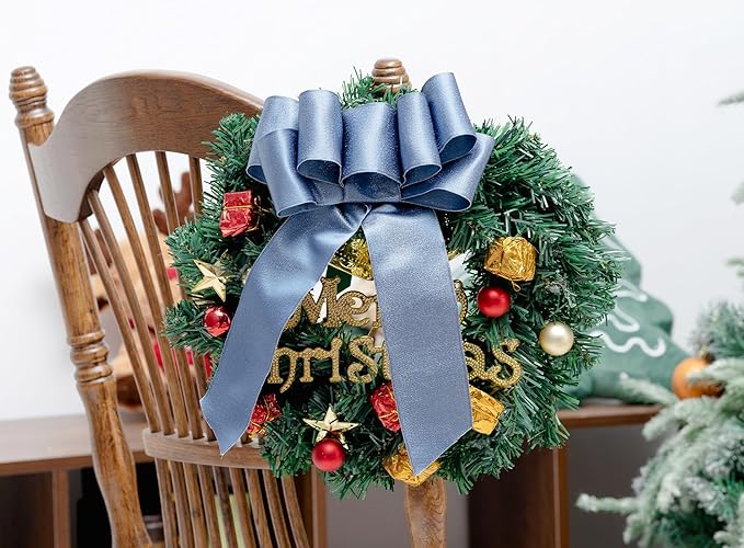 Dusty Blue Satin Wired Ribbon 2-1/2 Inch Double-Faced Sliver Glitter Christmas Ribbons for Wreath, Tree Decoration, Gift Wrapping, Home Decor 10 Yards