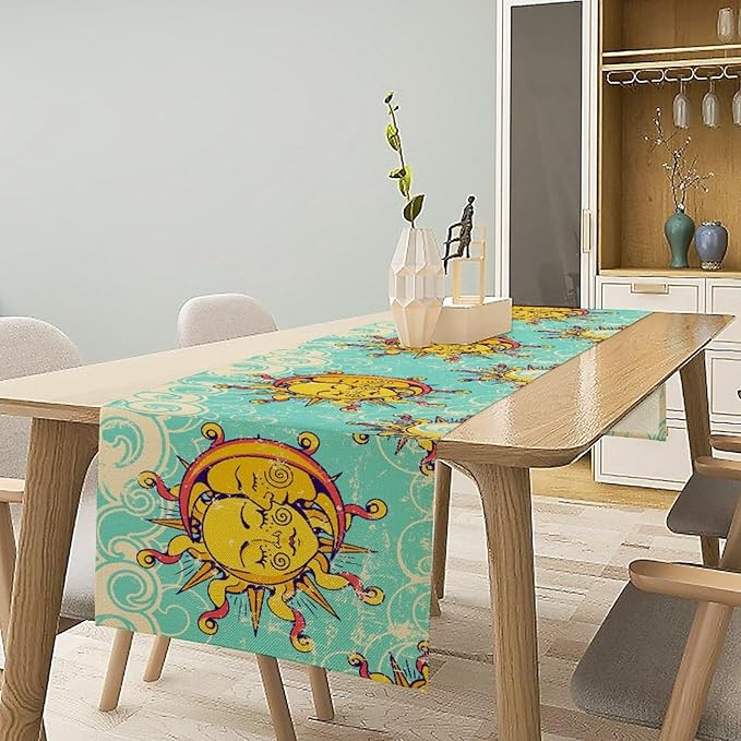 Retro Sun Moon Table Runner, Phase of The Moon Vintage Cloud Table Runner for Kitchen Dinner Living Room Table Runner Yellow Floral, 13x60 Inch Yellow Blue