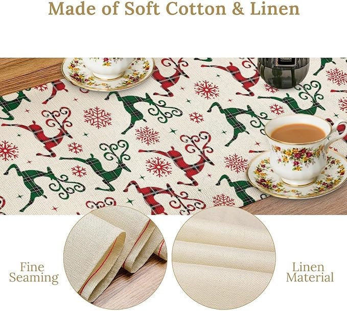 Christmas Table Runner,Christmas Plaid Deer Print Farmhouse Table Cloth Kitchen Dining Table Decoration for Home Party Decor 13x60 Inch