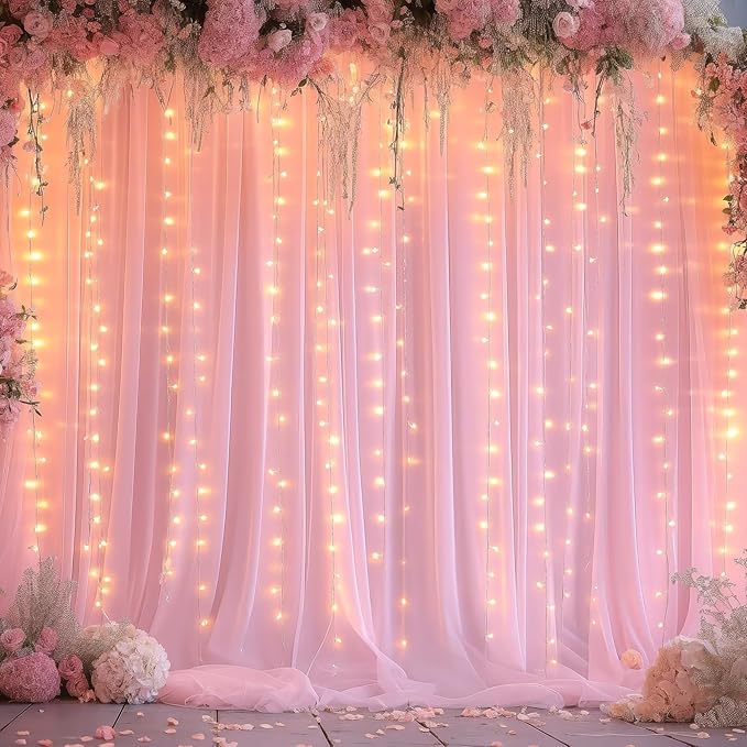 Sheer Backdrop Curtains with Lights String for Weddings Baby Showers, 10x8ft Sheer Tulle Photo Backdrop Curtains for Birthday Party Photography Background Decoration, Pink